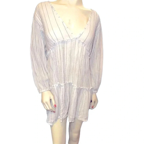 Blue Island Boho Beach Cover-Up Dress White Striped V-Neck Long Sleeve Large - Picture 6 of 11